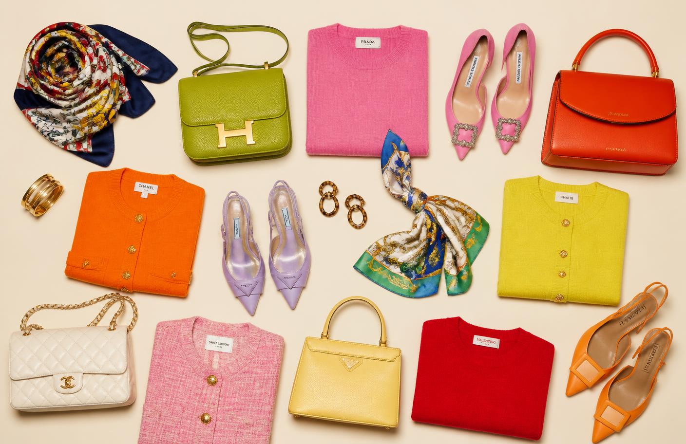 Colourful curated wardrobe pieces arranged as a flat lay